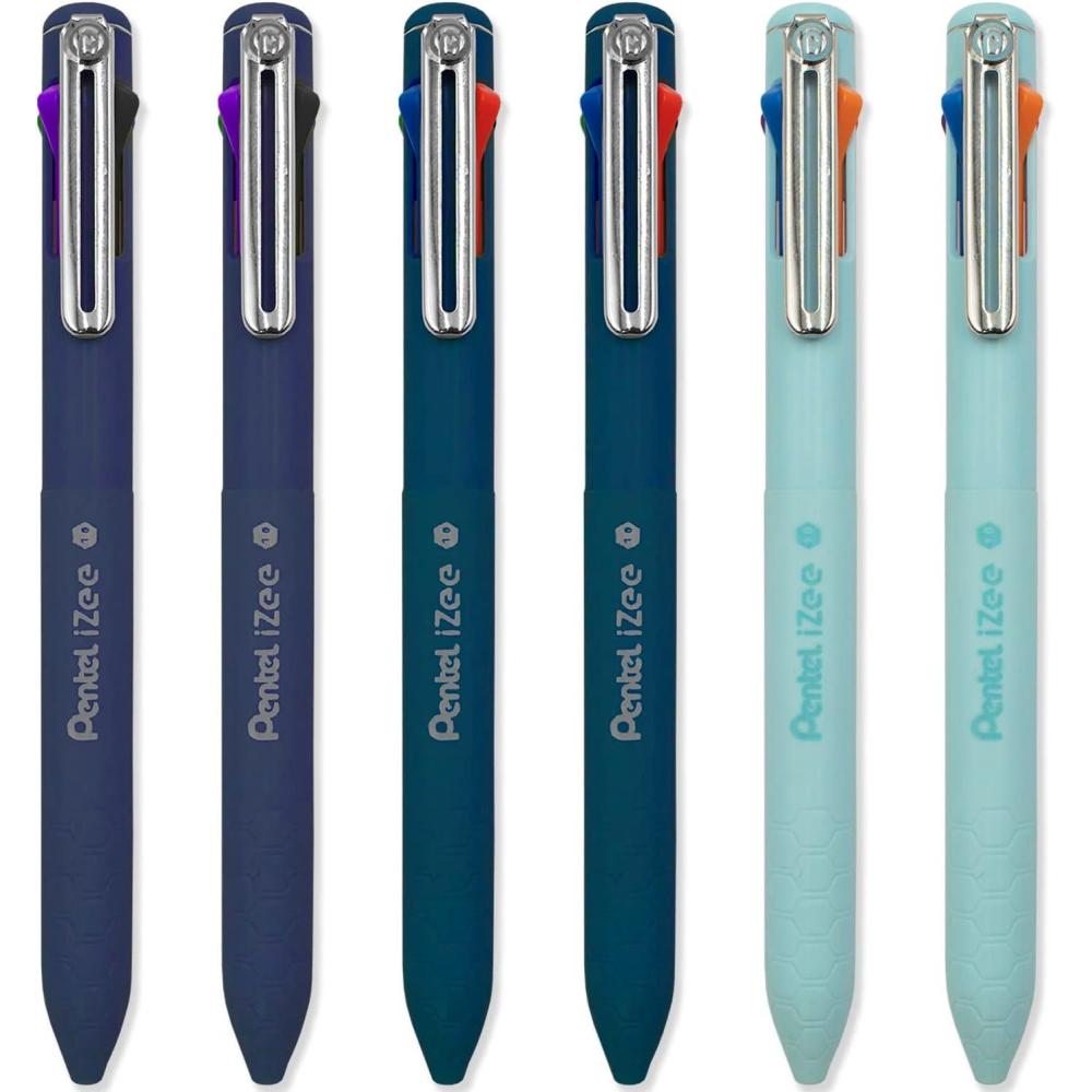 image:imagePentel iZee 4 Colour Ballpoint Pen Deep Blue Deep Violet amp Sky Blue Barrels Multi Ink Pack of 6