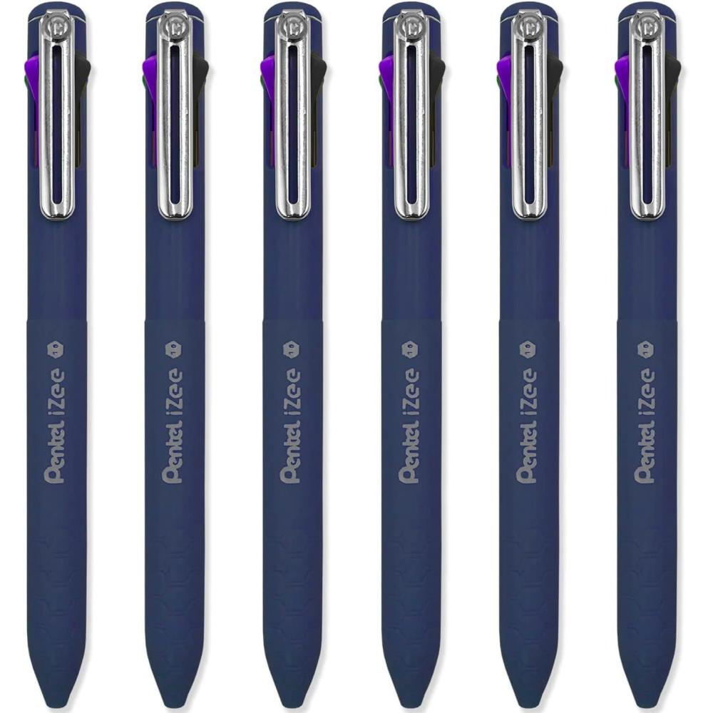 image:imagePentel iZee 4 Colour Ballpoint Pen Deep Violet Barrel Multi Ink Black Violet Blue amp Green Ink Pack of 6