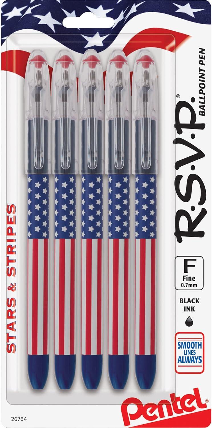 image:imagePentel RSVP StarsStripes Edition Ballpoint Pen 07 mm Pen Point Size Refillable Black 5 Pack