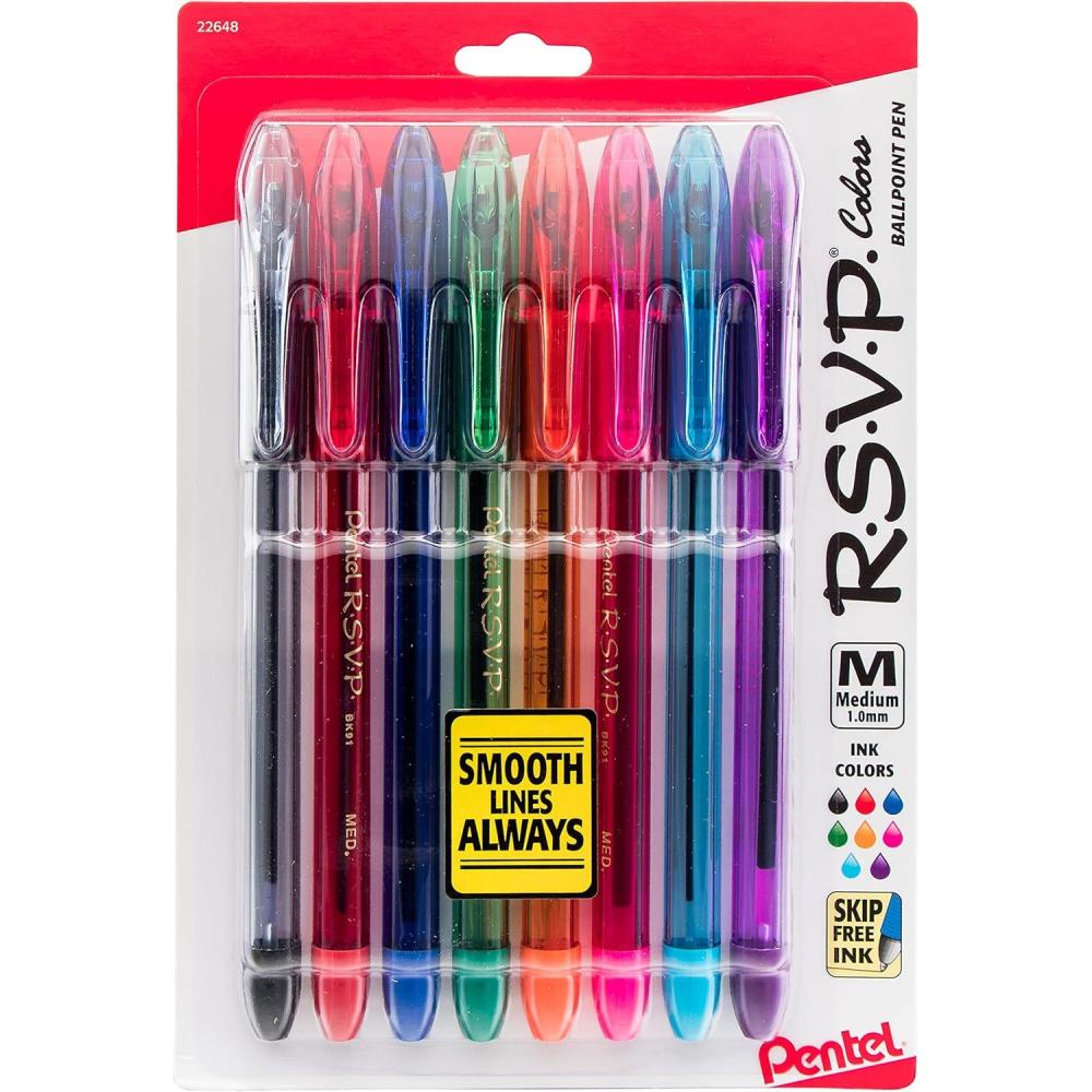 image:imagePentel RSVP Ballpoint Pen Medium Point Assorted Ink Colors 8 Pack BK91CRBP8M