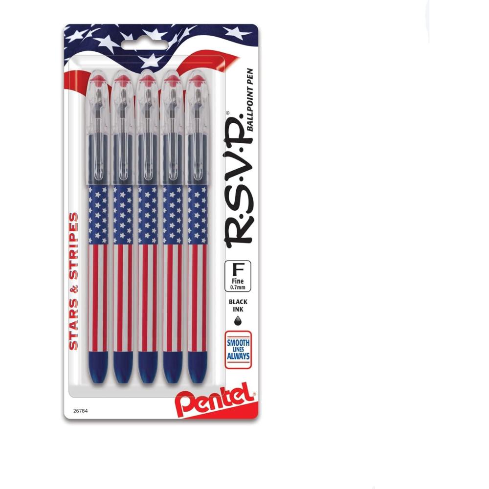 image:imagePentel RSVP StarsStripes Edition Ballpoint Pen 07 mm Pen Point Size Refillable Black 5 Pack