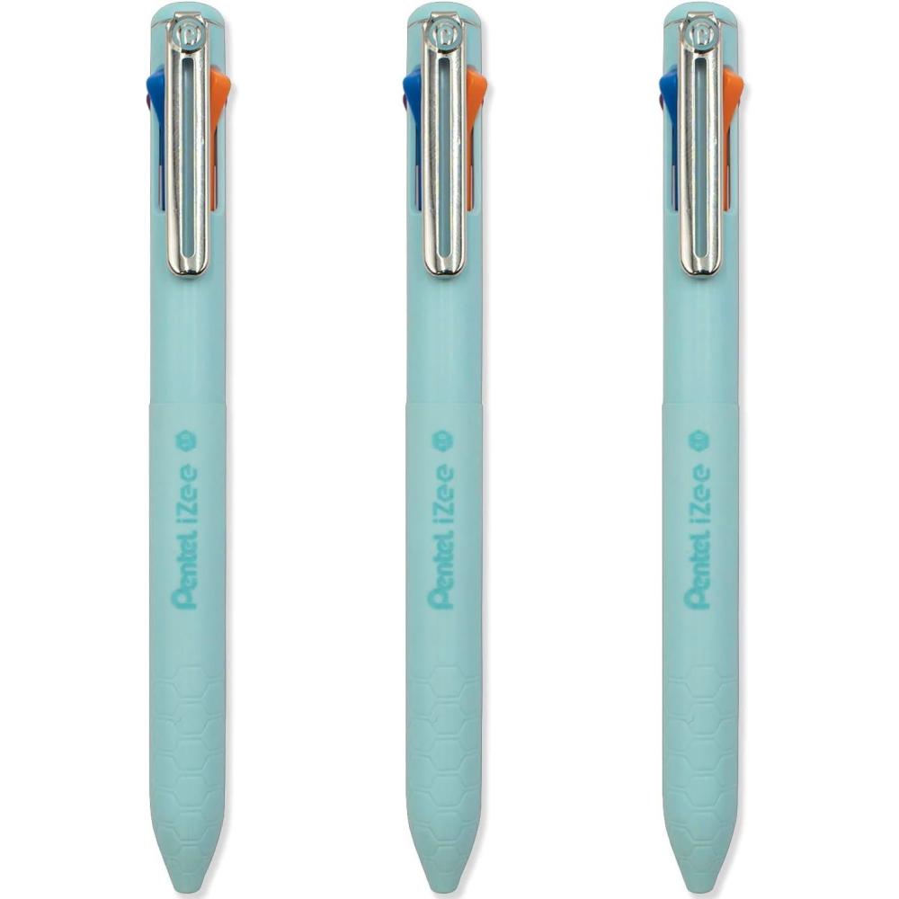 image:imagePentel iZee 4 Colour Ballpoint Pen Sky Blue Barrel Multi Ink Orange Pink Sky Blue amp Violet Ink Pack of 3
