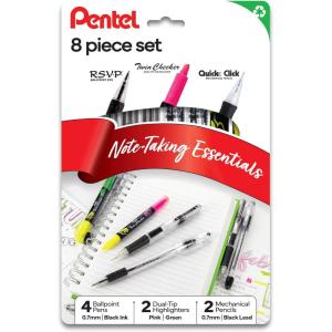 Pentel Note Taking Essentials 8 pack – 4 black RSVP 0.7mm ballpoint pens, 2 Twin Checker Highlighters, 2 Quick Click 0.7mm Mechanical Pencils