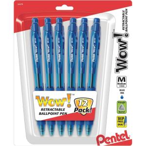 Pentel® WOW!™ Retractable Ballpoint Pens, Medium Point, 1.0 mm, Blue Barrel, Blue Ink, Pack Of 12