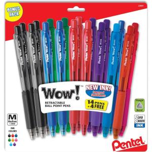 Pentel Wow! Retractable Ballpoint Pen, (1.0mm), Medium Line, Assorted Ink, Pack of 18 (BK440BP18M)