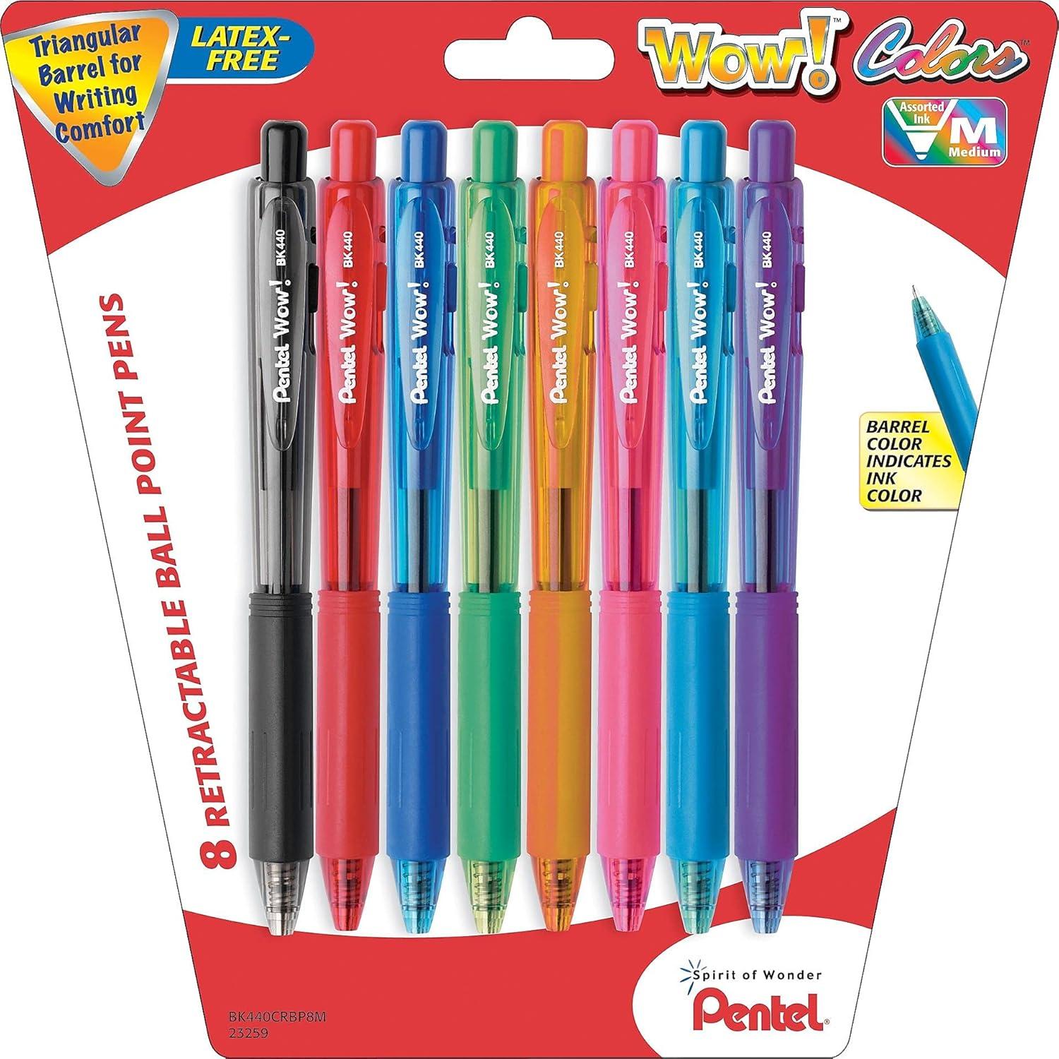 image:imagePentel Products Pentel WOW Ballpoint Retractable Pen Assorted Ink Medium 8 per Pack Sold As 1 Pack Triangular barrel Latexfree comfort grip Tip advances from back and retracts from side Metal tip increases durability