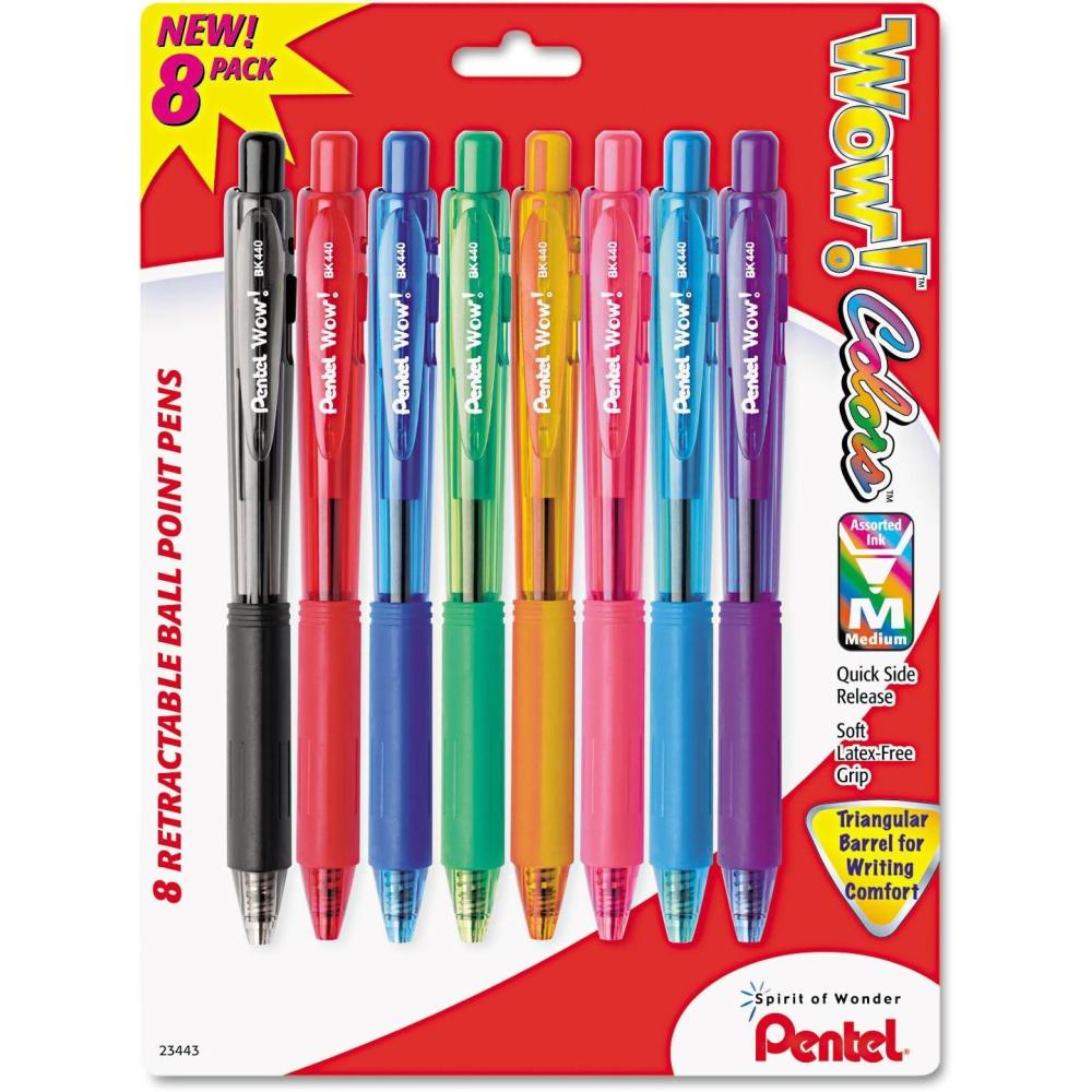 image:imagePentel Products Pentel WOW Ballpoint Retractable Pen Assorted Ink Medium 8 per Pack Sold As 1 Pack Triangular barrel Latexfree comfort grip Tip advances from back and retracts from side Metal tip increases durability