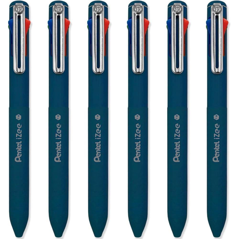 image:imagePentel iZee 4 Colour Ballpoint Pen Work Pens Deep Blue Barrel Multi Ink Black Blue Red amp Green Ink Pack of 6