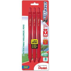 Pentel EnerGel-X Retractable Liquid Gel Pen, 0.7mm, Medium Line, Metal Tip, Red Ink, 3 Pack (BL107BP3B)