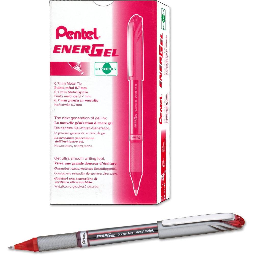 image:imagePentel ENERGEL NV Liquid Gel Pen 07mm Medium Line Capped Metal Tip Red Ink Box of 12 BL27B