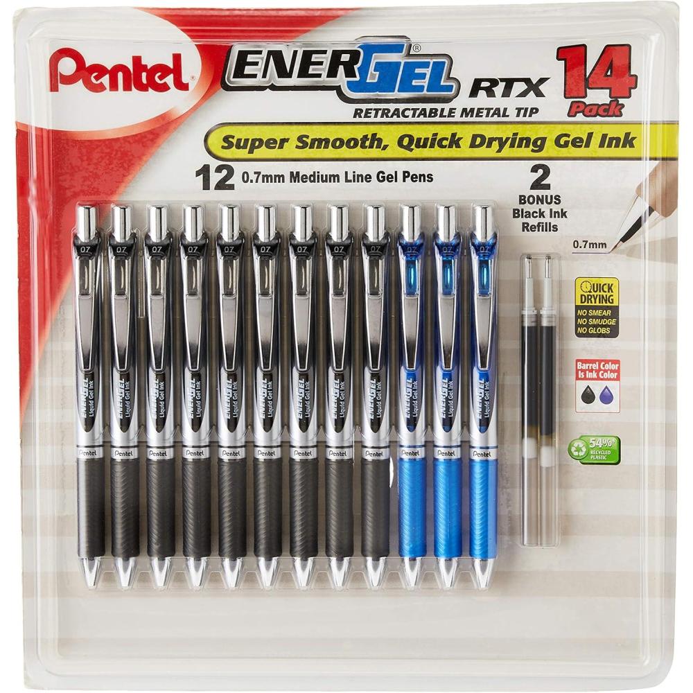 image:imagePentel EnerGel RTX Retractable Metal Tip Pen 07mm 9 Black Ink 3 Blue Ink with 2 Refills BL77O14CBlackBlue