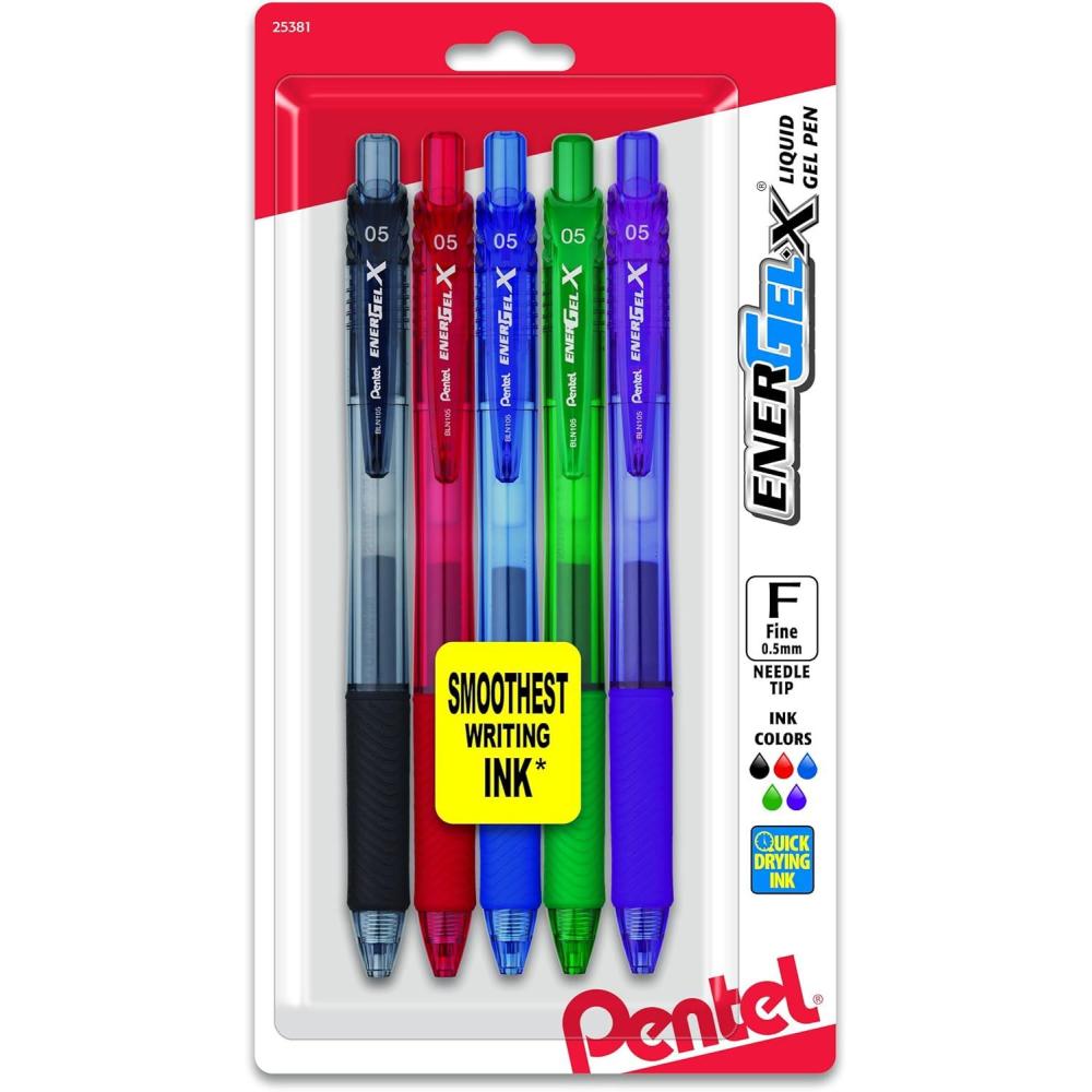 image:imagePentel EnerGelX Retractable Liquid Gel Pen 05mm Needle Tip Assorted Ink Pack of 5 BLN105BP5M