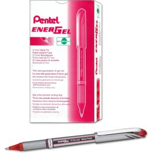 Pentel ENER-GEL NV Liquid Gel Pen, 0.7mm, Medium Line Capped, Metal Tip, Red Ink, Box of 12 (BL27-B)