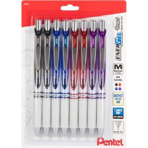 Pentel EnerGel Pearl Retractable Liquid Gel Pen, Needle Tip, 0.7mm, Medium Line, Assorted Ink, 8-Pk (BLN77WBP8M)