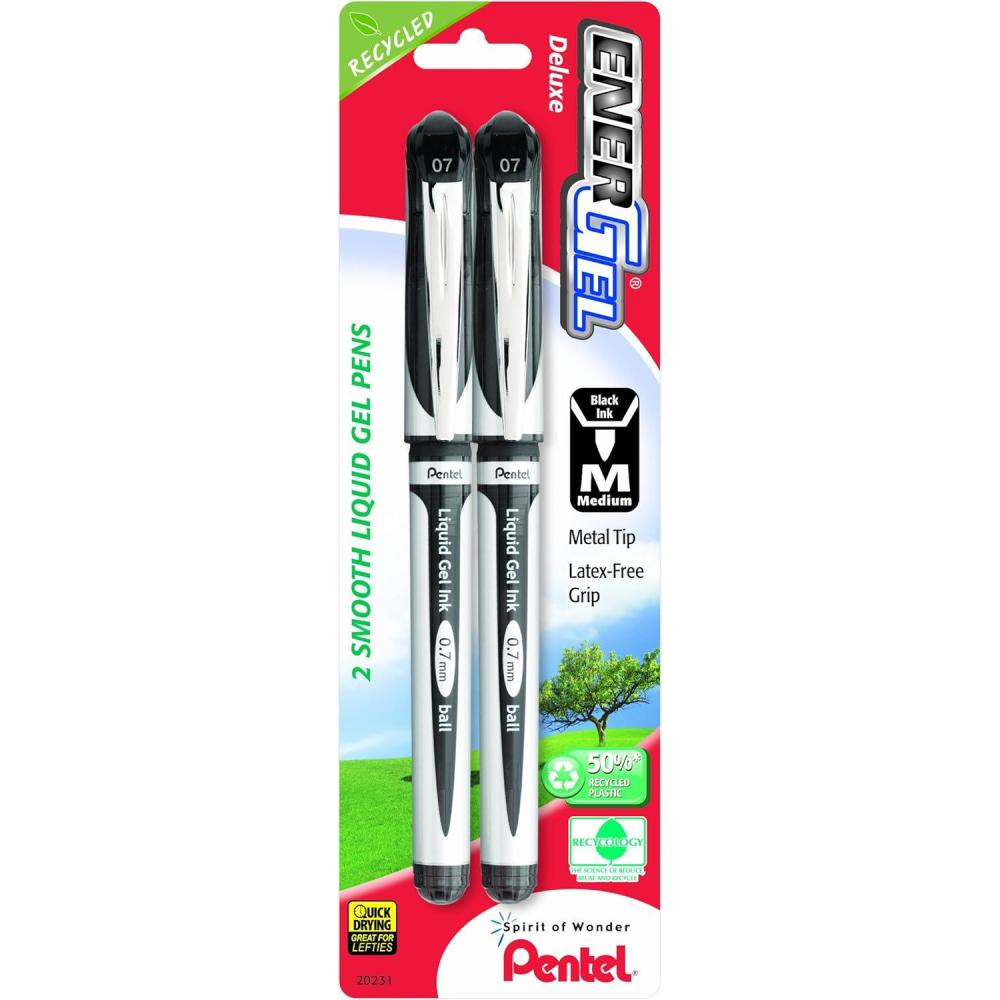 image:imagePentel EnerGel Deluxe Liquid Gel Pen Medium Line Metal Tip Black Ink 2 Pack BL57BP2A