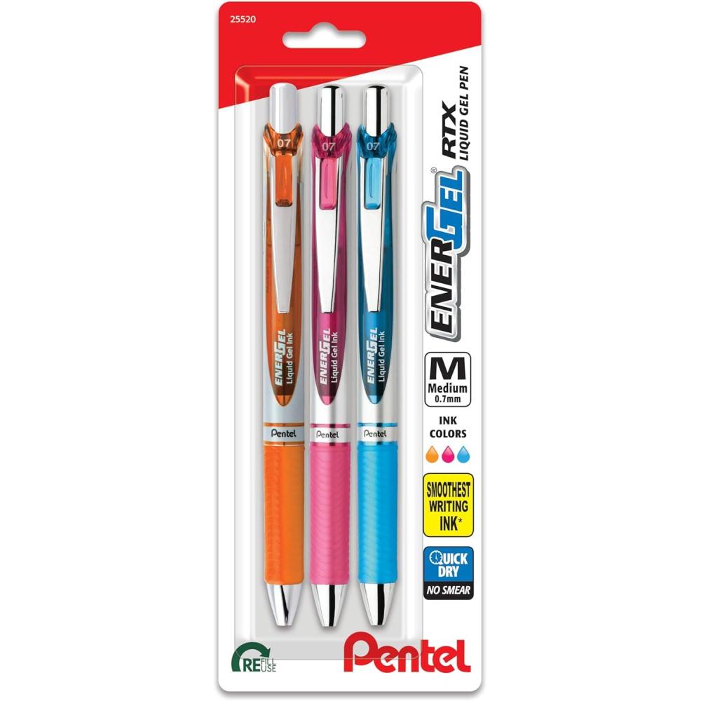 image:imagePentel EnerGel Deluxe RTX Retractable Liquid Gel Pen Medium Line Metal Tip Assorted Ink 3 Pack BL77BP3M1Assorted 2