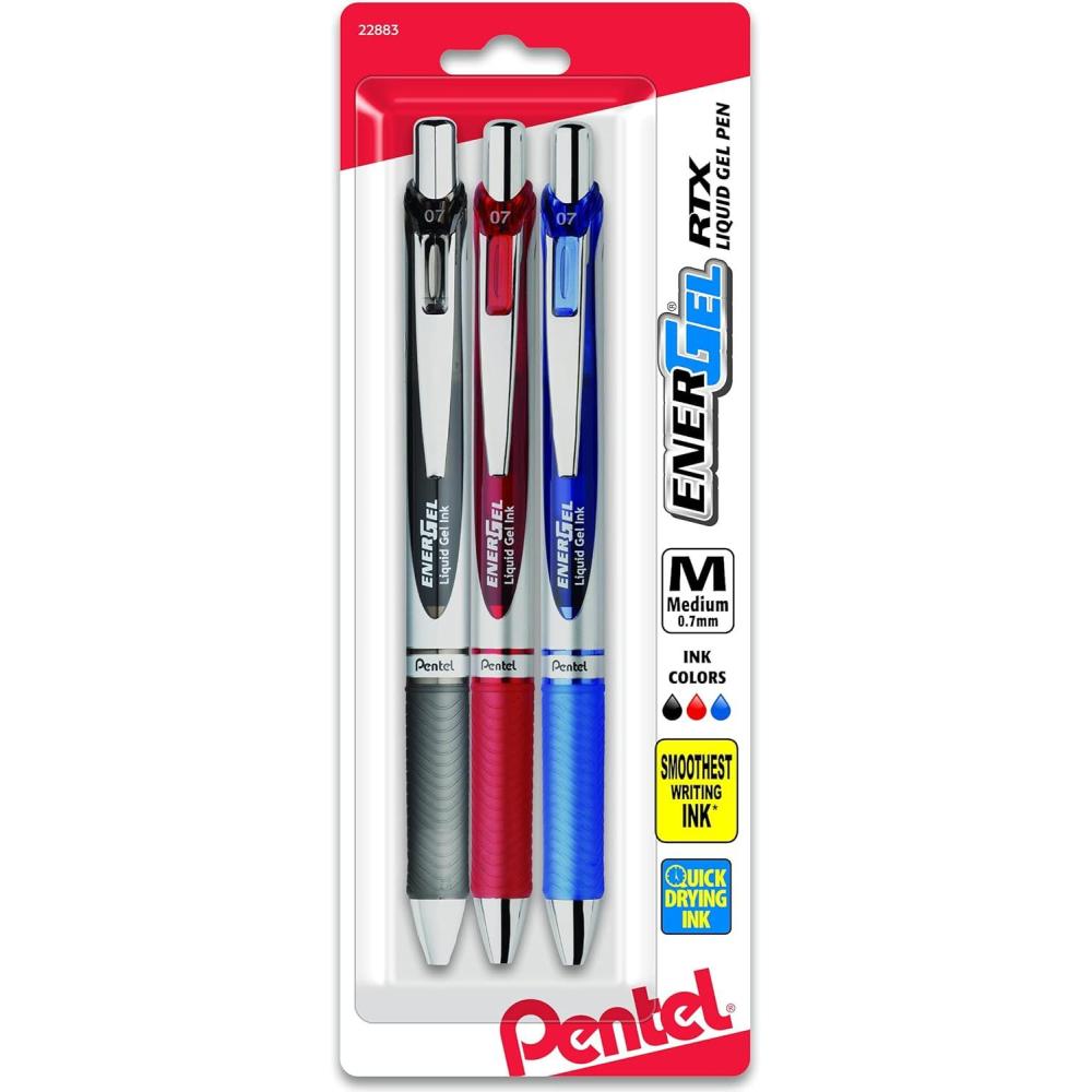 image:imagePentel EnerGel Deluxe RTX Retractable Liquid Gel Pen Medium Line Metal Tip Assorted Ink 3 Pack BL77BP3M1Assorted