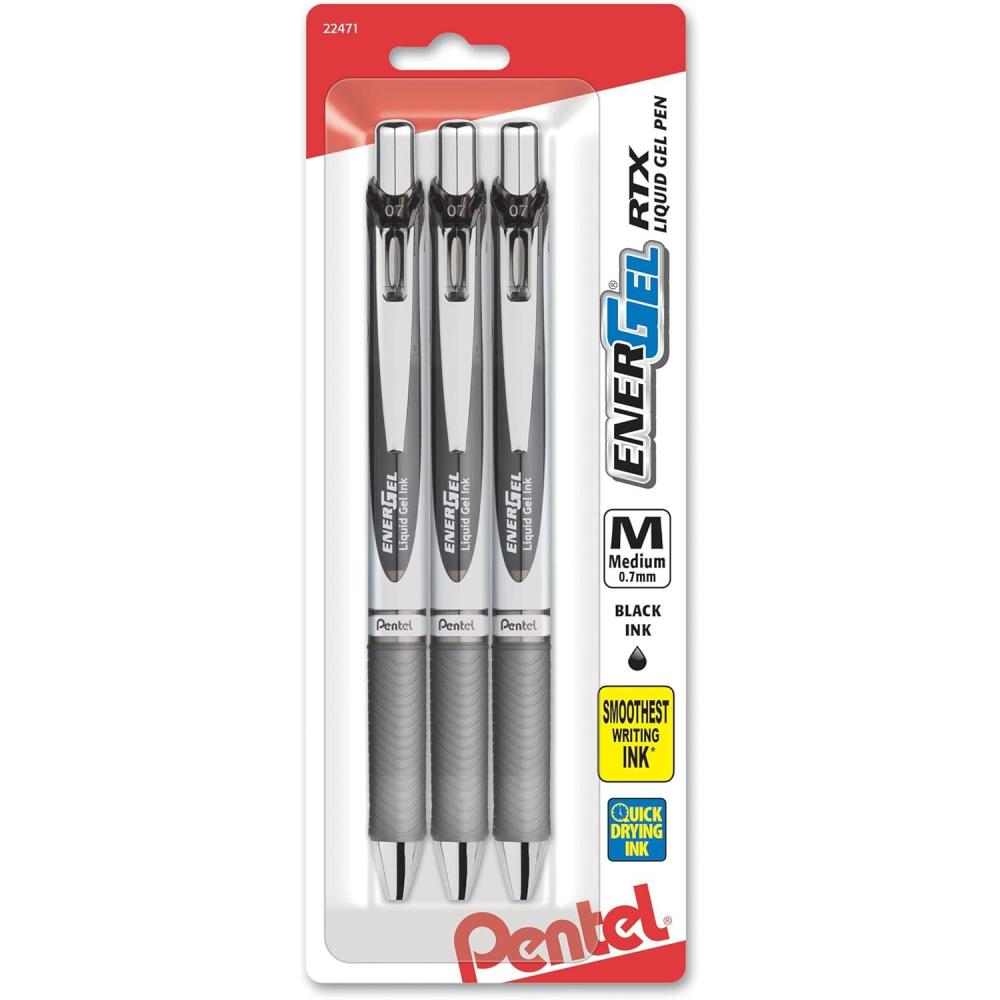 image:imagePentel EnerGel Deluxe RTX Retractable Liquid Gel Pen Medium Line Metal Tip Assorted Ink 3 Pack BL77BP3M1Black