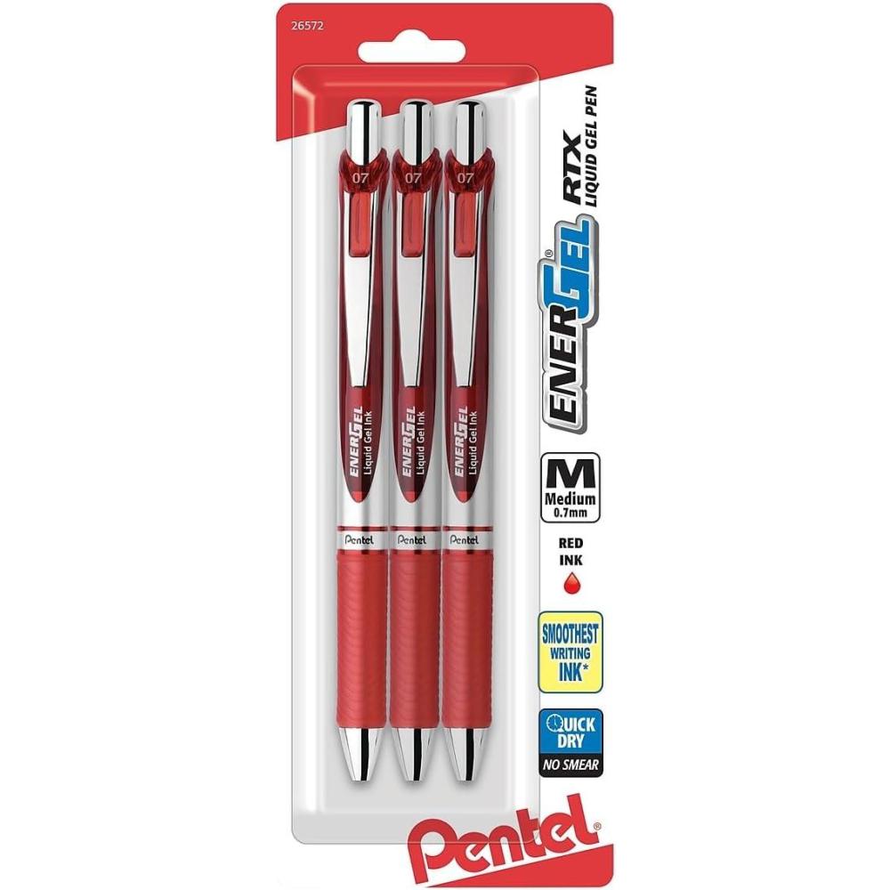 image:imagePentel EnerGel Deluxe RTX Retractable Liquid Gel Pen Medium Line Metal Tip Assorted Ink 3 Pack BL77BP3M1Red