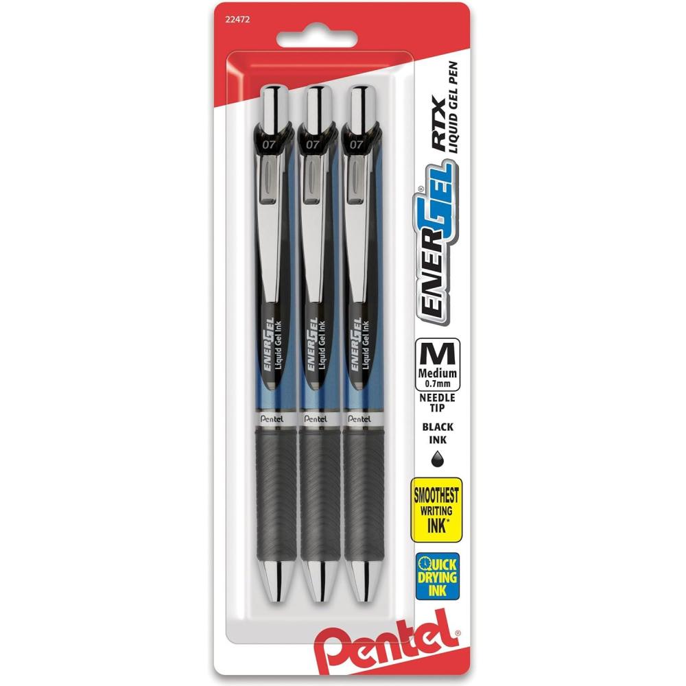 image:imagePentel EnerGel RTX Retractable Liquid Gel Pen 07mm Medium Line Needle Tip Black Ink Pack of 3 BLN77BP3ABlack