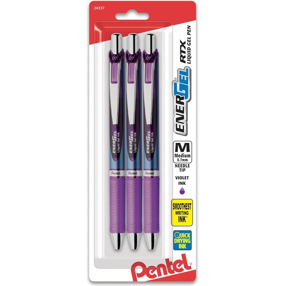 image:imagePentel EnerGel RTX Retractable Liquid Gel Pen 07mm Medium Line Needle Tip Black Ink Pack of 3 BLN77BP3AViolet