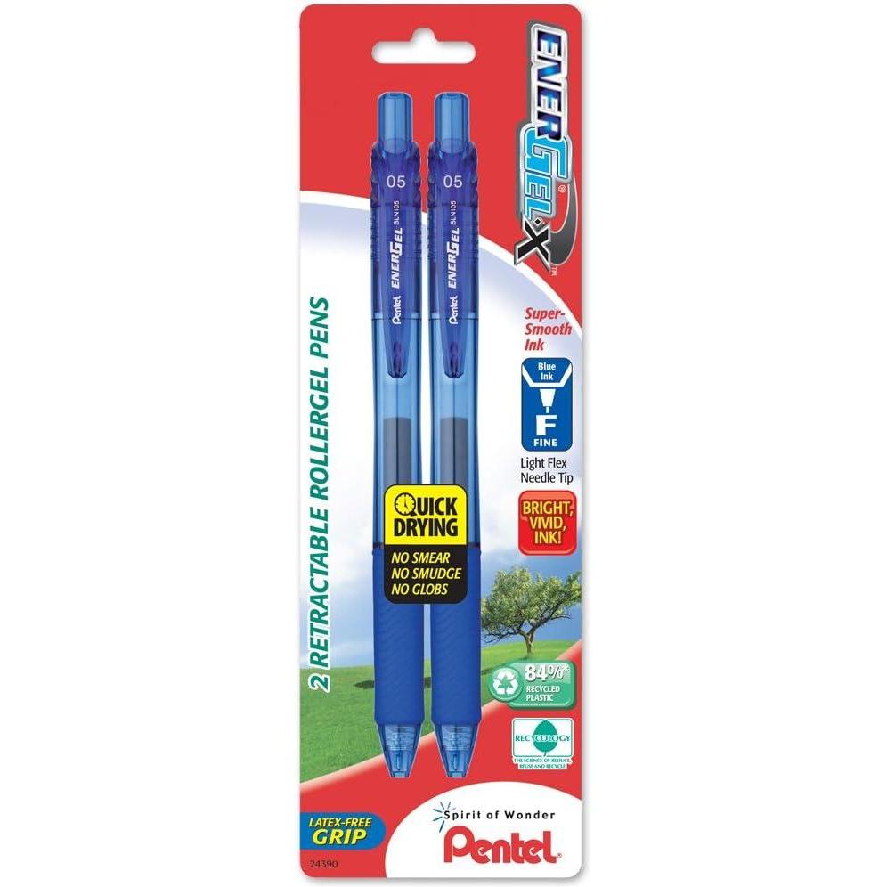 image:imagePentel EnerGelX Retractable Liquid Gel Pen 05mm Needle Tip Blue Ink 2 Pack BLN105BP2C2 Count Pack of 1