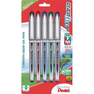 Pentel ENER-GEL NV Liquid Gel Pen, Medium Line, Metal Tip, Assorted Ink, 5 Pack (BL27BP5M)