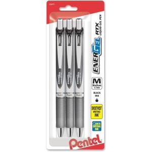 Pentel EnerGel Deluxe RTX Retractable Liquid Gel Pen, Medium Line, Metal Tip, Assorted Ink, 3 Pack (BL77BP3M1)(Black)