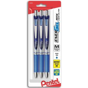 Pentel EnerGel Deluxe RTX Retractable Liquid Gel Pen, Medium Line, Metal Tip, Assorted Ink, 3 Pack (BL77BP3M1)(Blue)