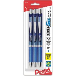 Pentel EnerGel RTX Retractable Liquid Gel Pen, (0.7mm), Medium Line, Needle Tip, Black Ink, Pack of 3 (BLN77BP3A)(Blue)