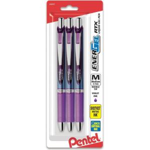 Pentel EnerGel RTX Retractable Liquid Gel Pen, (0.7mm), Medium Line, Needle Tip, Black Ink, Pack of 3 (BLN77BP3A)(Violet)