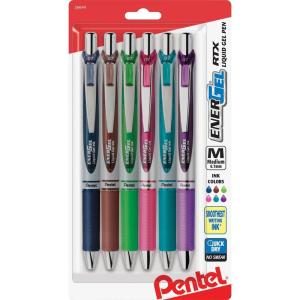 Pentel EnerGel RTX Retractable Liquid Gel Pen, (0.7mm) Metal Tip, Medium Line, Assorted Ink, 6-Pk (BL77BP6M1)(Assorted 1)