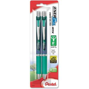 Pentel Gel Ink Pen, EnerGel RTX Retractable Gel Pen, 0.5mm, Needle Tip, Black Ink, 2 Pack (BLN75BP2A)(Green)
