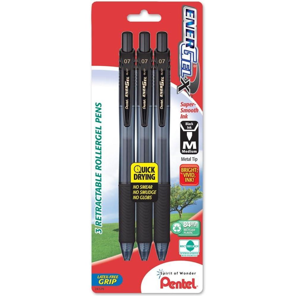 image:imagePentel EnerGelX Retractable Liquid Gel Pen 07mm Medium Line Metal Tip Black Ink 3 Pack BL107BP3A