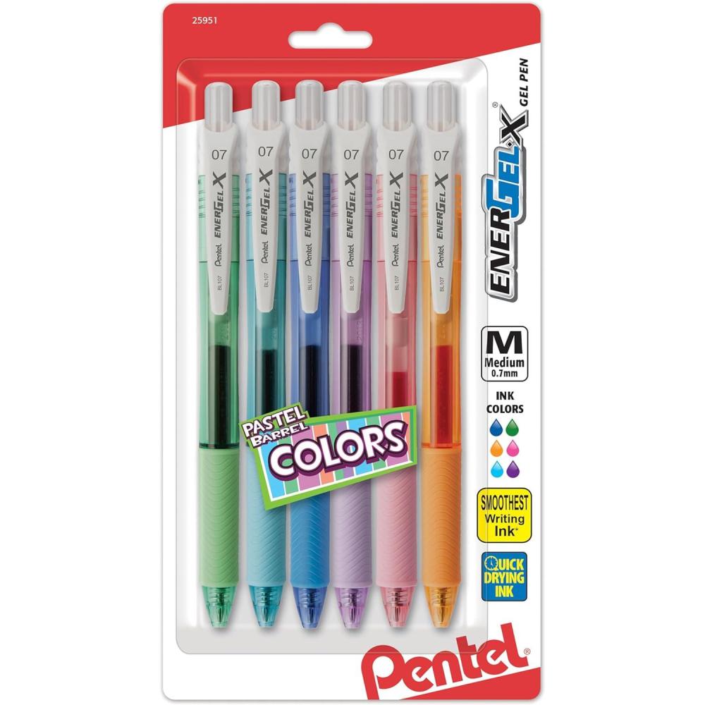 image:imagePentel EnergelX Pastel Barrels Retractable Medium Line Assorted Ink Colors Pack of 6 BL107FBP6M