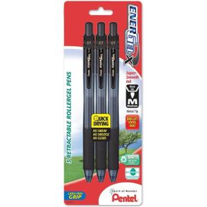 Pentel EnerGel-X Retractable Liquid Gel Pen, 0.7mm, Medium Line, Metal Tip, Black Ink, 3 Pack (BL107BP3A)