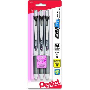 Pentel Pink BCA Ribbon EnerGel Deluxe RTX Retractable Liquid Gel Pen, 0.7mm, Medium Line, Metal Tip, Silver Barrel, Black Ink, 3 Pack (BL77ABP3A-BC)(Black)