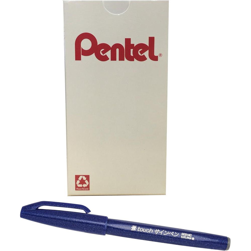 image:imagePentel Arts Sign Pen Touch Fude Brush Tip Blue Ink Box of 12 SES15CCBlue