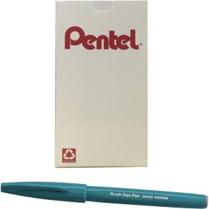 Pentel Arts Sign Pen Touch, Fude Brush Tip, Blue Ink, Box of 12 (SES15C-C)(Turquoise Green)