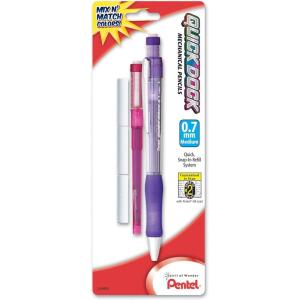 Pentel Quick Dock Colors, 0.7mm, Medium Line, 1 Pencil, 1 Refill Cartridge and 3 Erasers, Assorted Barrel and Cartridge Colors (QD7LECRBP)