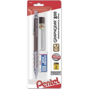 Pentel GraphGear 800 Mechanical Drafting Pencil (0.5mm), Black barrel, 12 pack (PG805A)(1 Pencil  Lead and Eraser)
