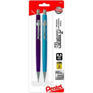 Pentel Sharp Mechanical Pencil (0.5mm) Metallic Barrels, Assorted Barrel Colors (MC/MV), 2-Pk (P205MBP2M1)