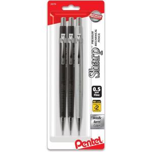 Pentel Sharp Mechanical Pencil, (0.5mm), Metallic Barrels, Assorted Colors Barrels (2N/1Z), Pack of 3 (P205MBP3M)