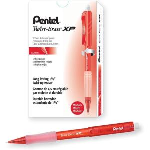 Pentel Twist Erase EXPRESS Automatic Pencil, 0.7mm Lead Size, Red Barrel, Box of 12 (QE417B)(Red)