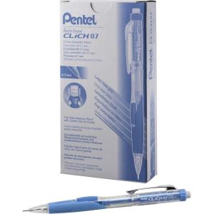 Pentel Twist-Erase CLICK Mechanical Pencil, (0.7mm), CLEAR Barrel, Sky Blue Grip, 12 pack (PD277TS)