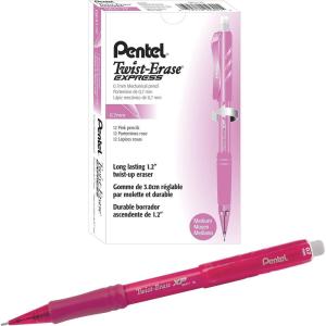 Pentel Twist-Erase EXPRESS Mechanical Pencil 0.7mm, Pink Barrel, Box of 12 (QE417P)