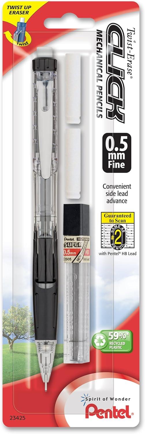 image:imagePentel Twist Erase Click Automatic Pencil with 2 Eraser Refills and Lead 09 mm Assorted Barrels Color May Vary 2 Pack PD279TLEBP2Assorted