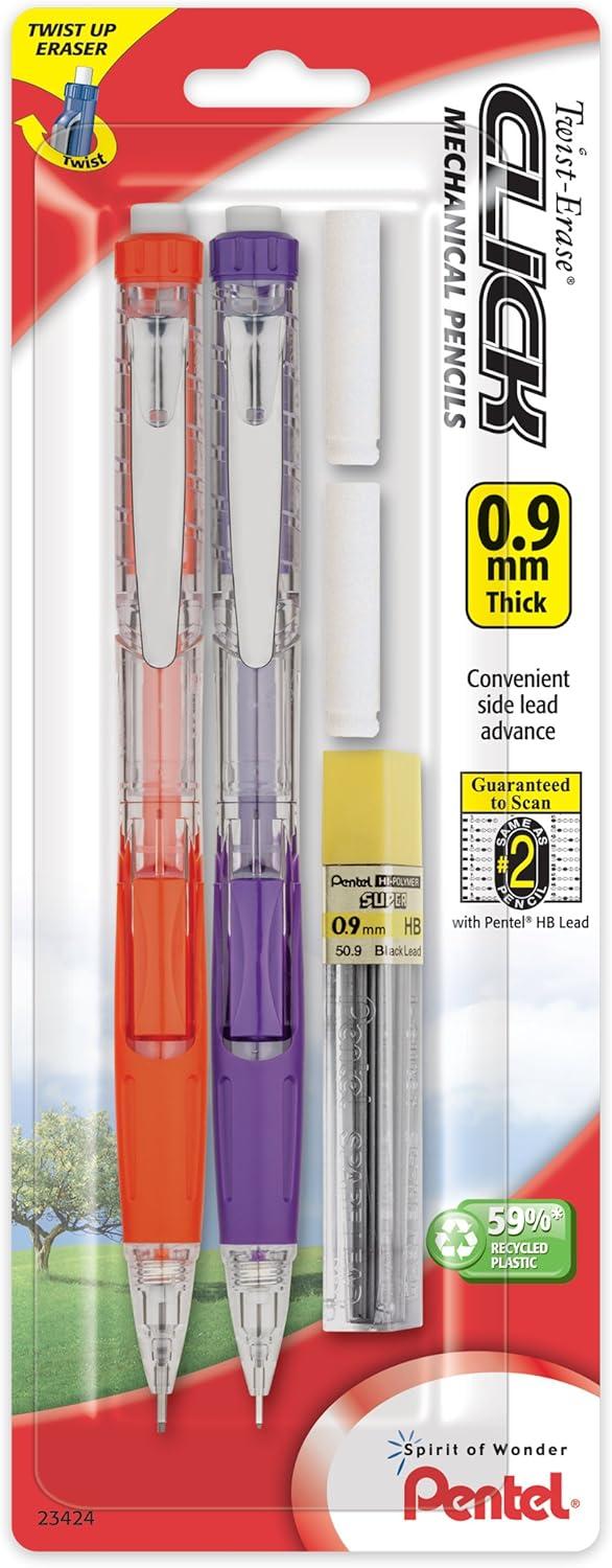 image:imagePentel Twist Erase Click Automatic Pencil with 2 Eraser Refills and Lead 09 mm Assorted Barrels Color May Vary 2 Pack PD279TLEBP2Assorted