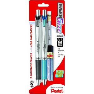 Pentel EnerGize Automatic Pencil with Lead and Erasers, 0.5mm, Assorted, 2 Pack (PL75LEBP2)