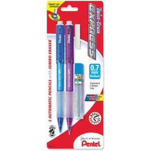 Pentel Twist-Erase EXPRESS Automatic Pencil with Lead and Eraser, 0.7mm, Assorted Barrels, 2 Pack (QE417FLEBP2)